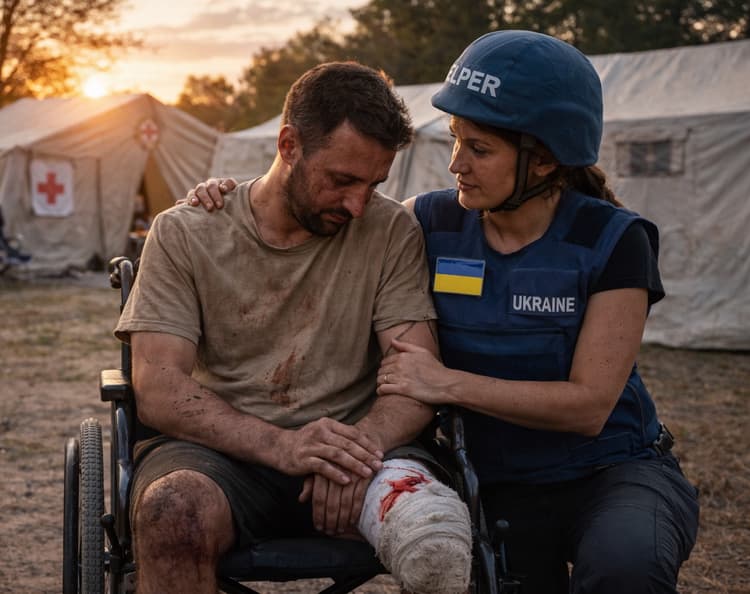 A rescue worker comforting an injured civilian