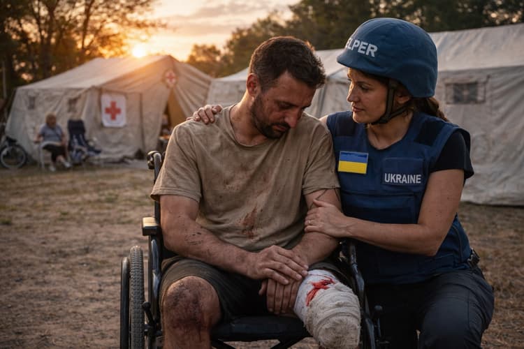 A rescue worker comforting an injured civilian
